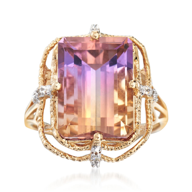 14kt yellow gold ring with large ametrine center and diamond side accents