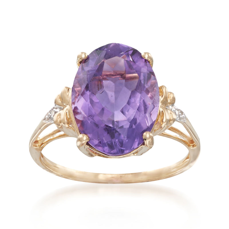 14kt yellow gold ring with oval purple amethyst center stone and diamond accents