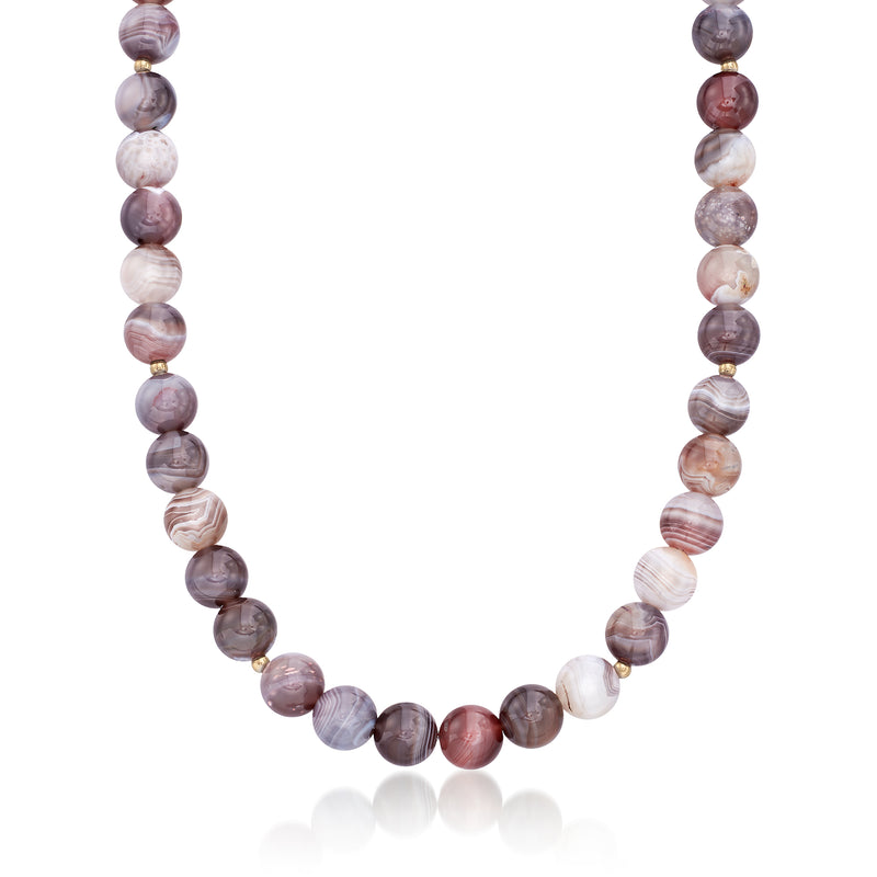 Round Botswana agate bead necklace with gray, white, and pink swirled beads