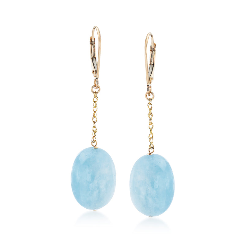 14kt yellow gold leverback drop earrings with oval light blue aquamarine and gold chain