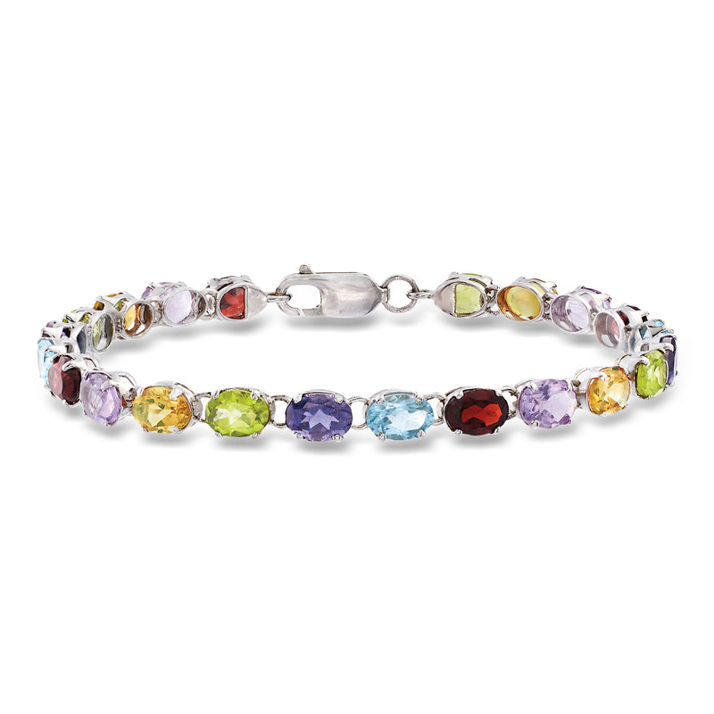 Sterling silver link bracelet with multicolor gemstones and round stones