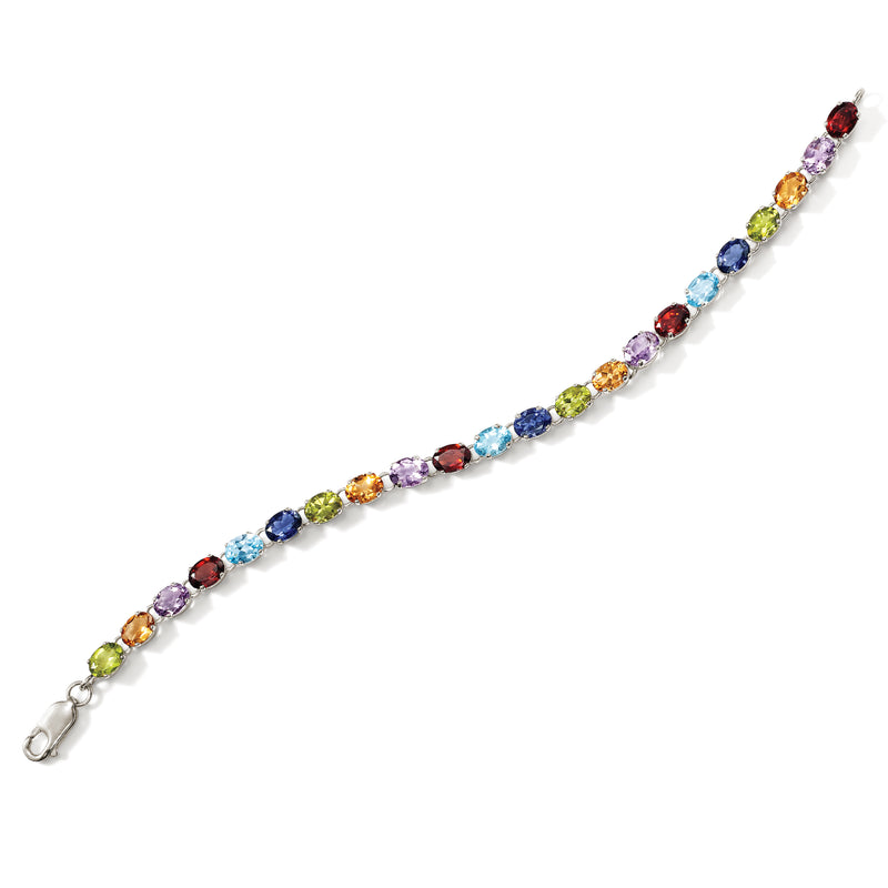 Sterling silver link bracelet with multicolor gemstone links and clasp