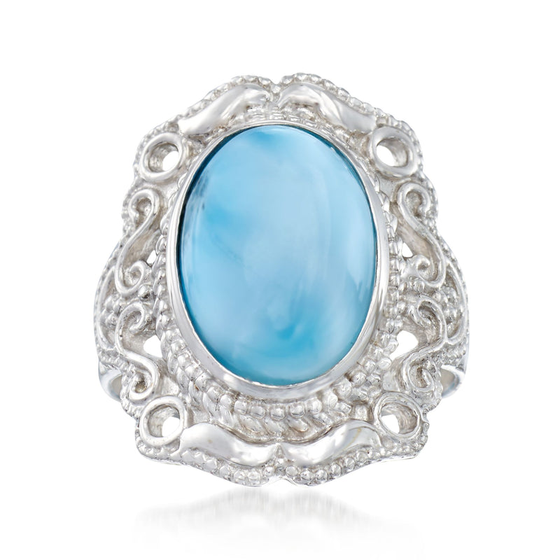 Sterling silver ring with oval Larimar cabochon and ornate scrollwork bezel