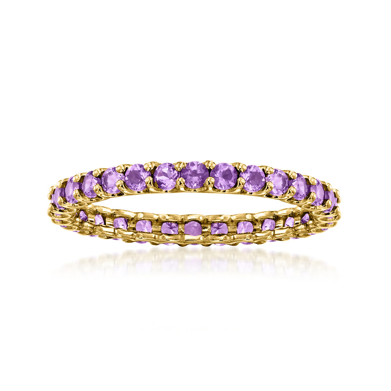 14kt yellow gold amethyst eternity band with round purple gemstones all around