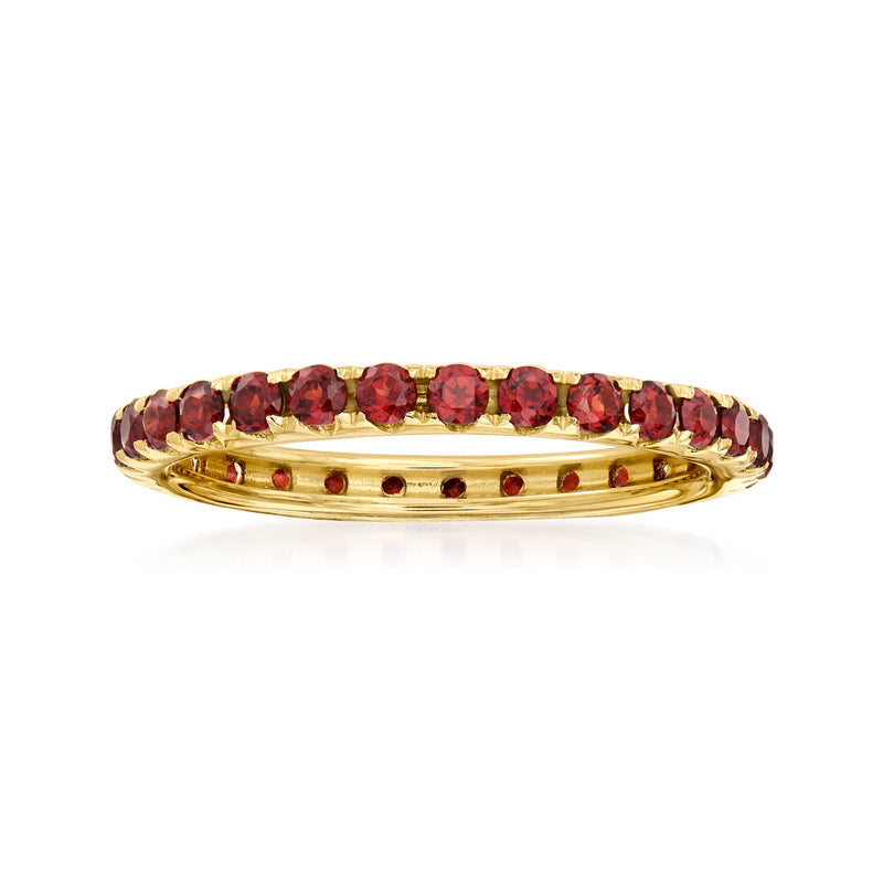 14kt yellow gold garnet eternity band with red oval stones, flat profile