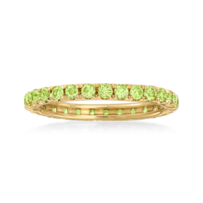 14kt yellow gold peridot eternity band with round green gemstones, side view