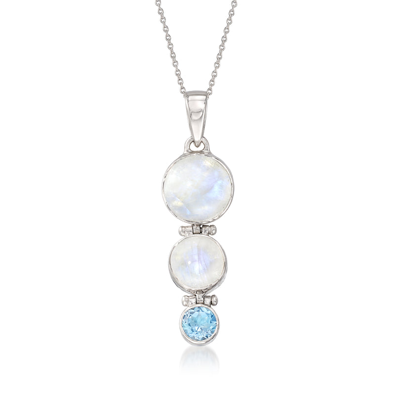 Sterling silver pendant necklace with two moonstone cabochons and blue topaz round gemstone