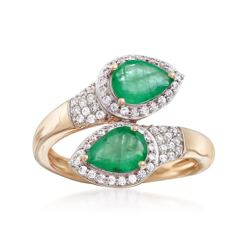 14kt yellow gold ring with oval green emerald and white zircon halo