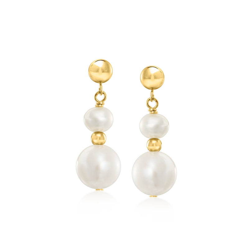 14kt yellow gold drop earrings with cultured pearl spheres and gold beads