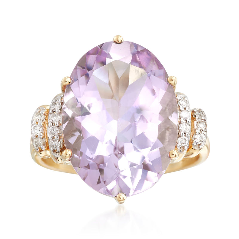 14kt yellow gold ring with large pink amethyst center and diamond side accents