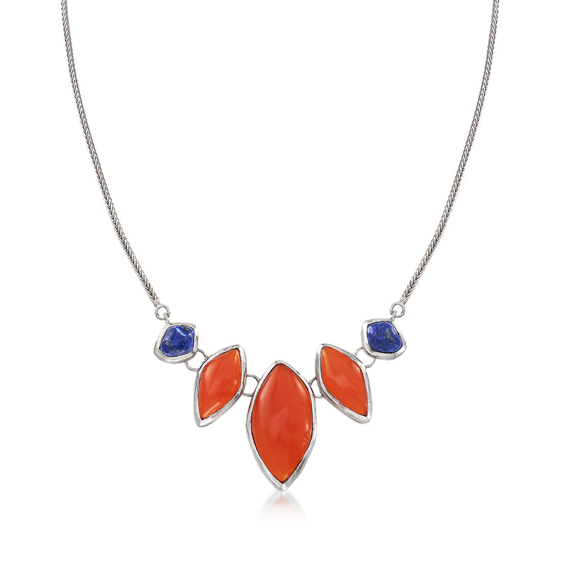 Sterling silver necklace with free-form orange carnelian and blue lapis drop stones
