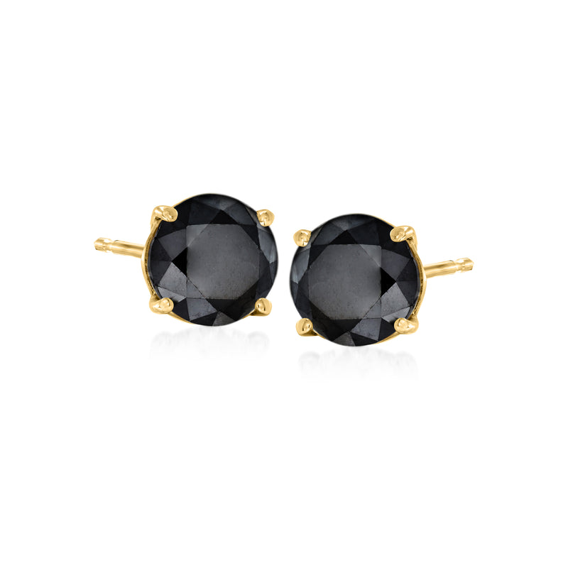 Black diamond stud earrings in 14kt yellow gold, round faceted stones
