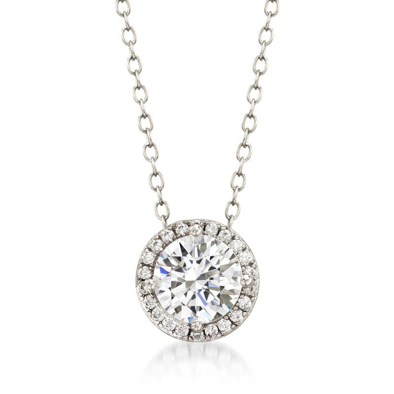 Sterling silver bezel-set CZ pendant necklace, round halo pendant with prong-set accents