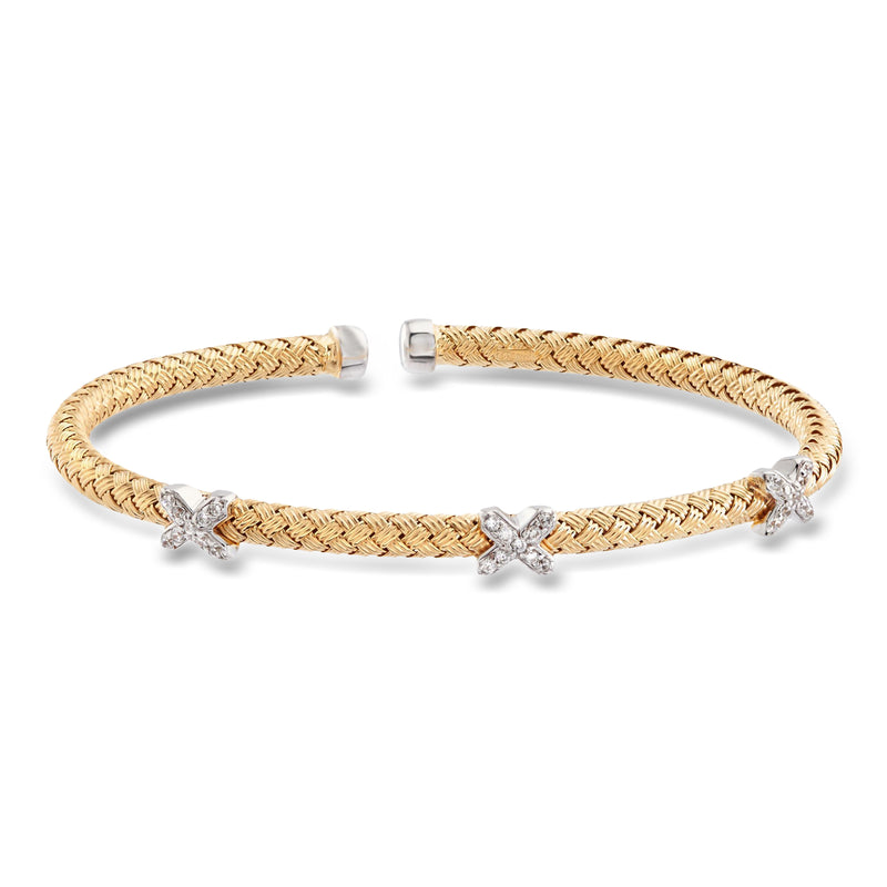Two-tone sterling silver braided cuff bracelet with CZ X charms and hinged closure