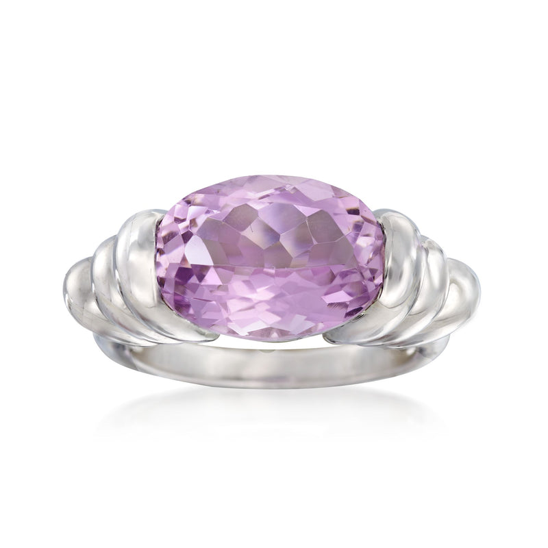 Sterling silver amethyst ring with oval faceted purple gemstone, twisted band
