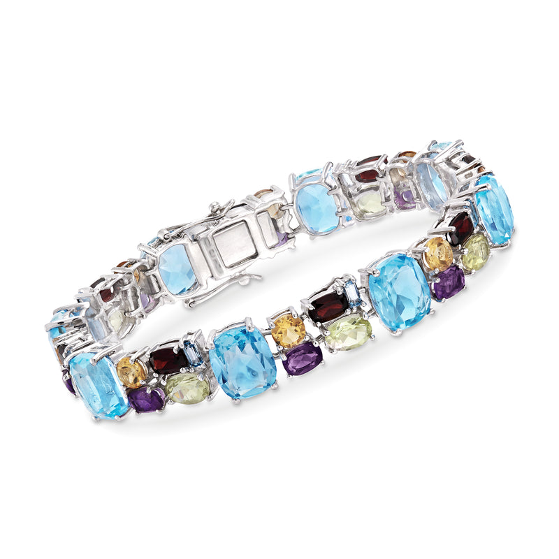 Sterling silver mosaic bracelet with blue, purple, red, yellow, and green stones