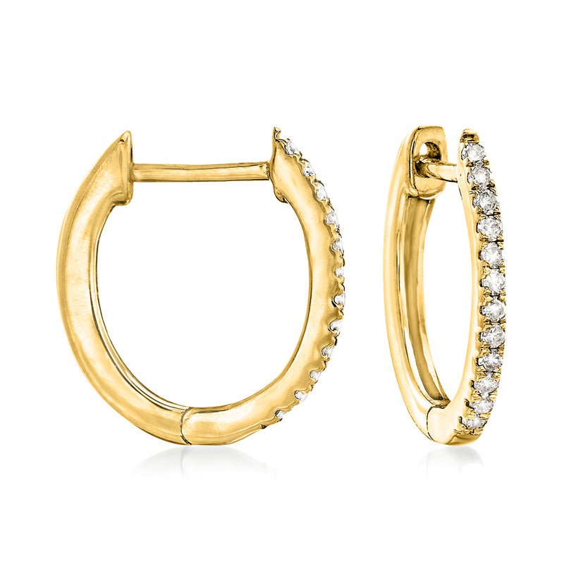 14kt yellow gold diamond huggie hoop earrings, front and side views