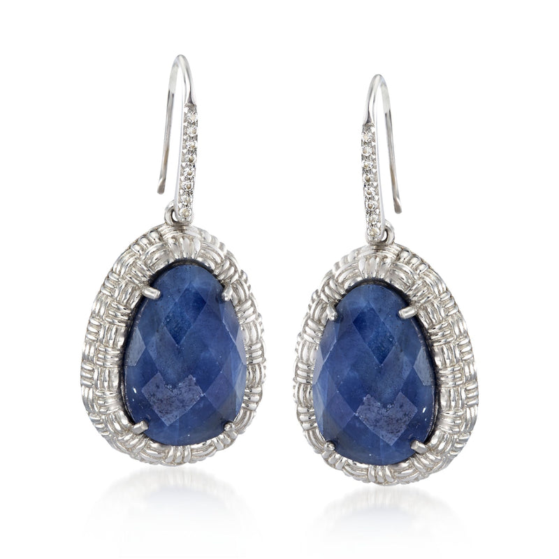Sterling silver basketweave drop earrings with blue sapphire oval and white sparkle accents
