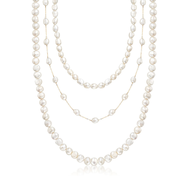 Three endless pearl necklace set with yellow gold clasps