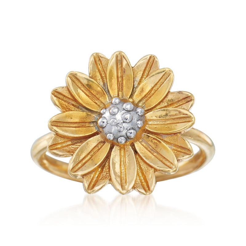 Italian two-tone sterling silver flower ring, gold-tone petals with silver bead center