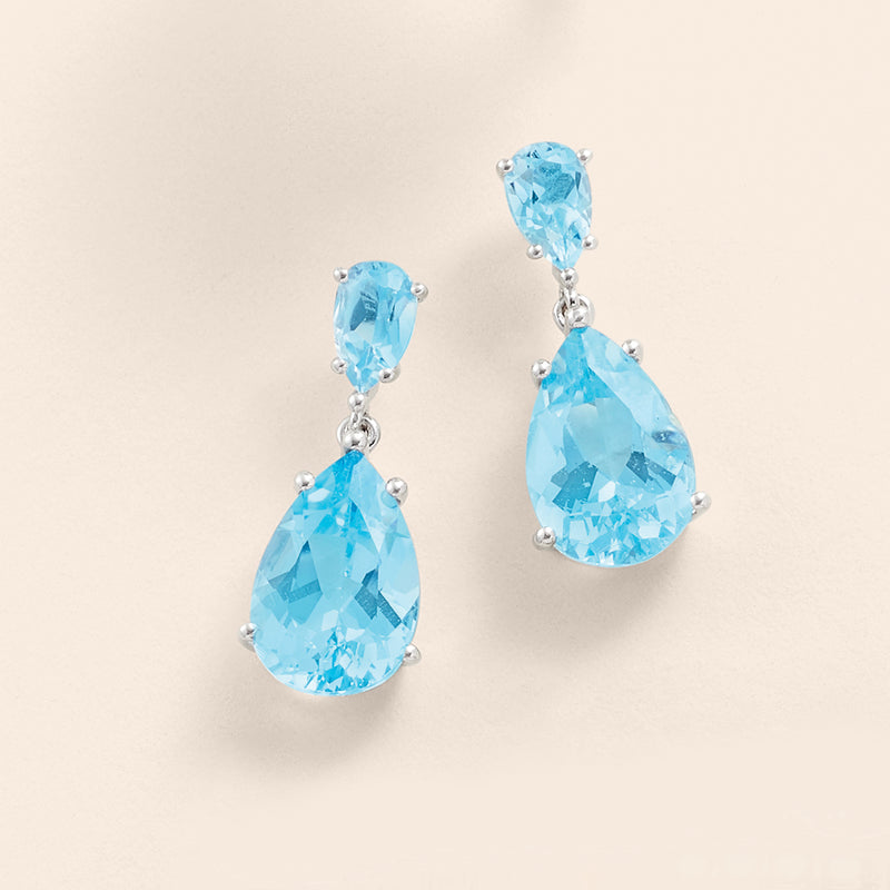 Sterling silver sky blue topaz drop earrings with two teardrop stones per earring