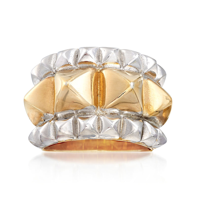 Two-tone sterling silver and gold-tone pyramid ring with raised bezel pattern