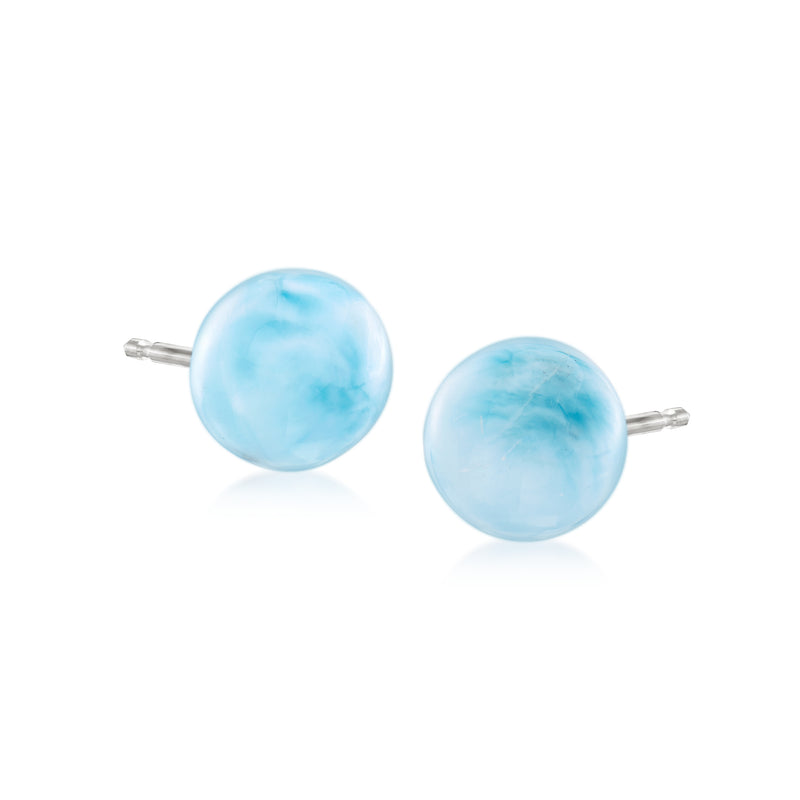 Sterling silver stud earrings with round light blue Larimar beads