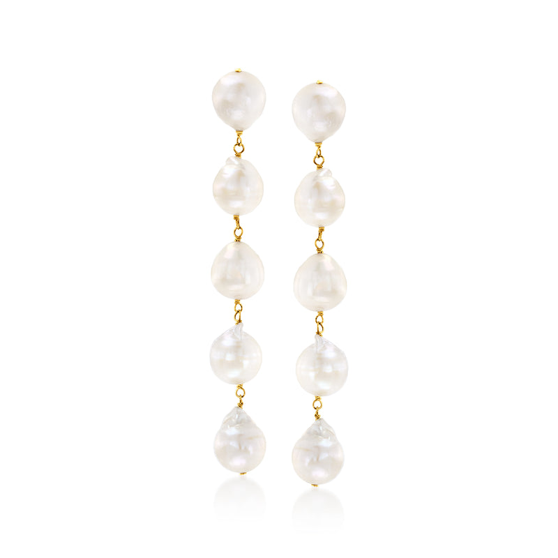 Baroque pearl linear drop earrings in 14kt yellow gold with five white pearl drops