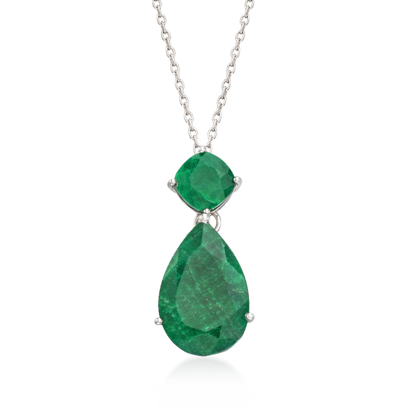 Sterling silver emerald pendant necklace with two green pear-cut stones, teardrop setting