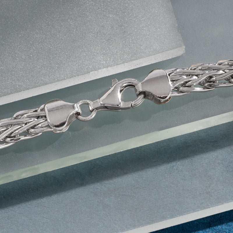 Sterling silver wheat-link chain necklace with clasp and connector detail