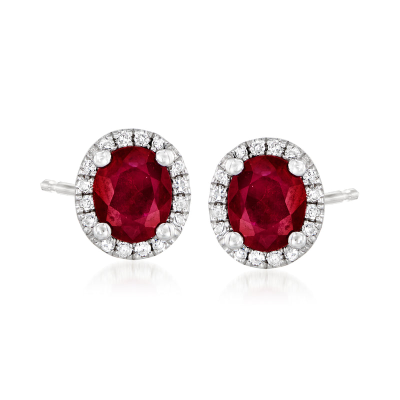 14kt white gold ruby and diamond stud earrings, red round ruby with diamond halo