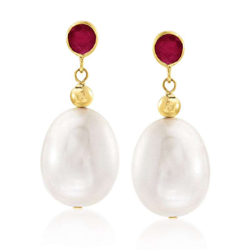 14kt yellow gold drop earrings with ruby red cabochon and large white cultured pearls