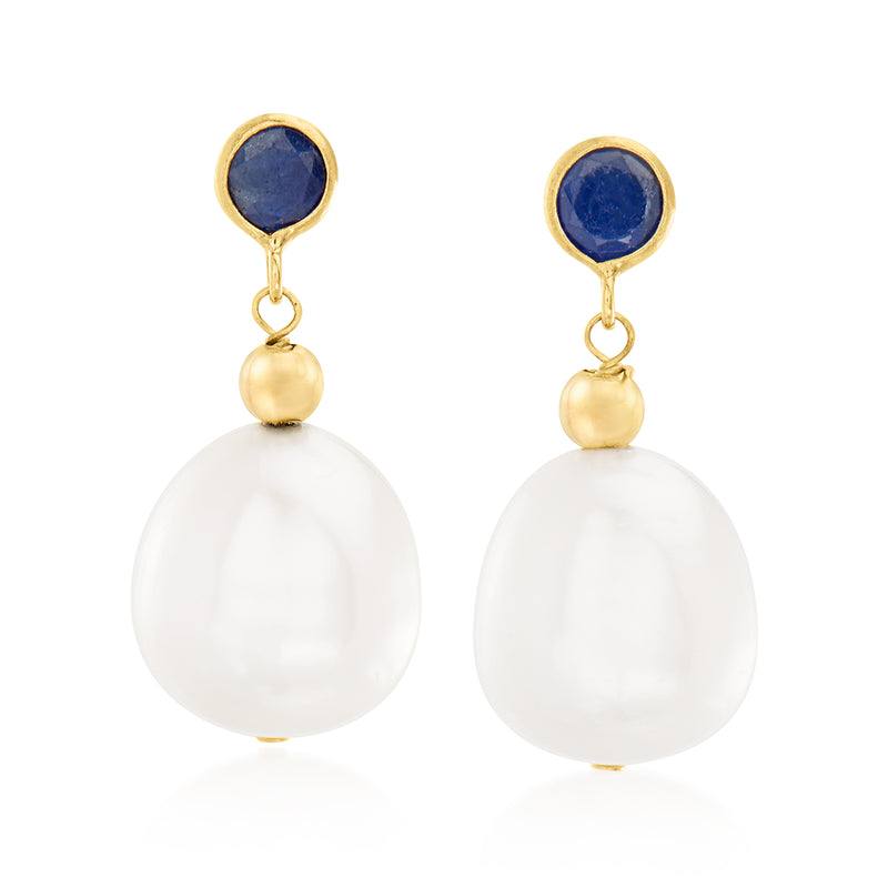 14kt yellow gold drop earrings with blue sapphire top and round cultured pearl drop