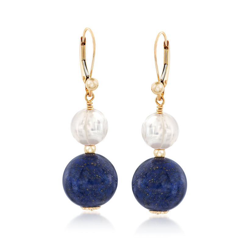 14kt yellow gold leverback drop earrings with pearl and lapis round stones