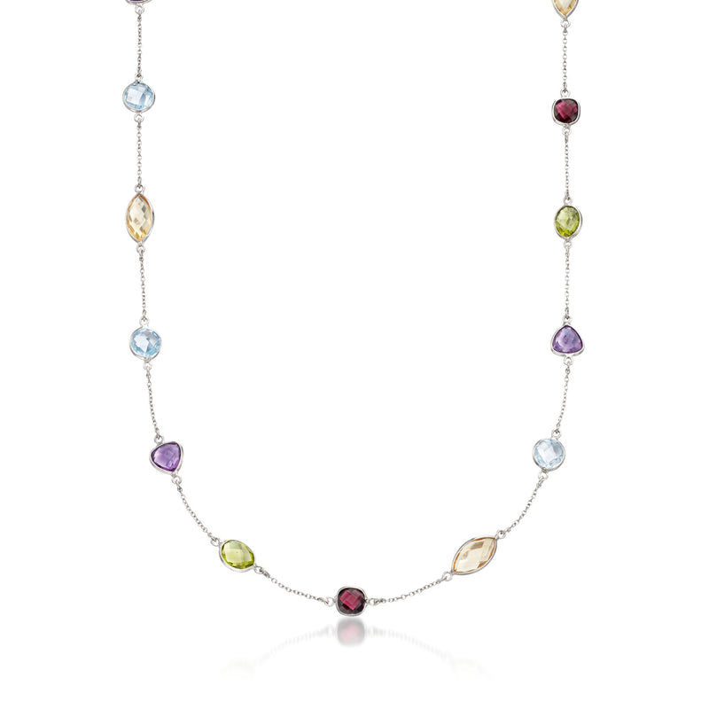 Sterling silver multi-stone station necklace with oval red, blue, purple, green gemstones