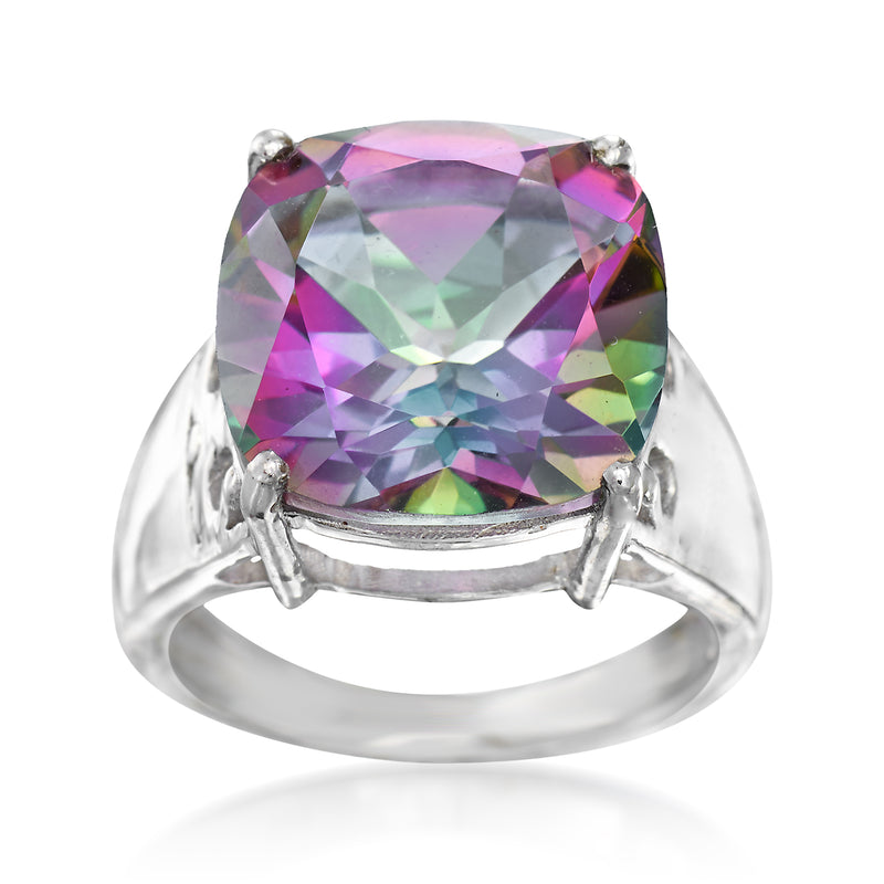 Sterling silver ring with multicolored quartz cushion-cut gemstone and side prongs