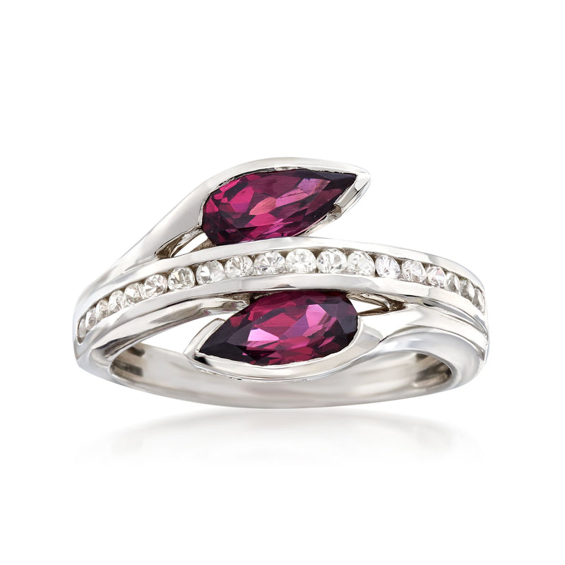 Sterling silver ring with two marquise rhodolite stones and white sapphire row
