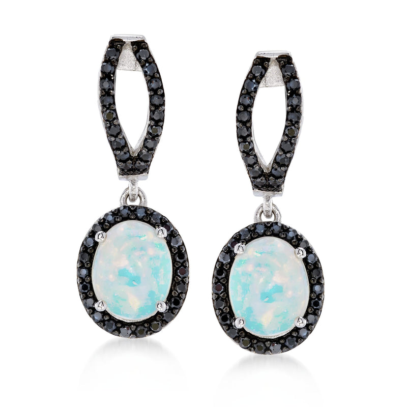 Sterling silver drop earrings with oval white opal and black spinel halo