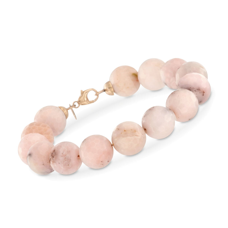 Pink opal bead bracelet with round beads and 14kt yellow gold clasp