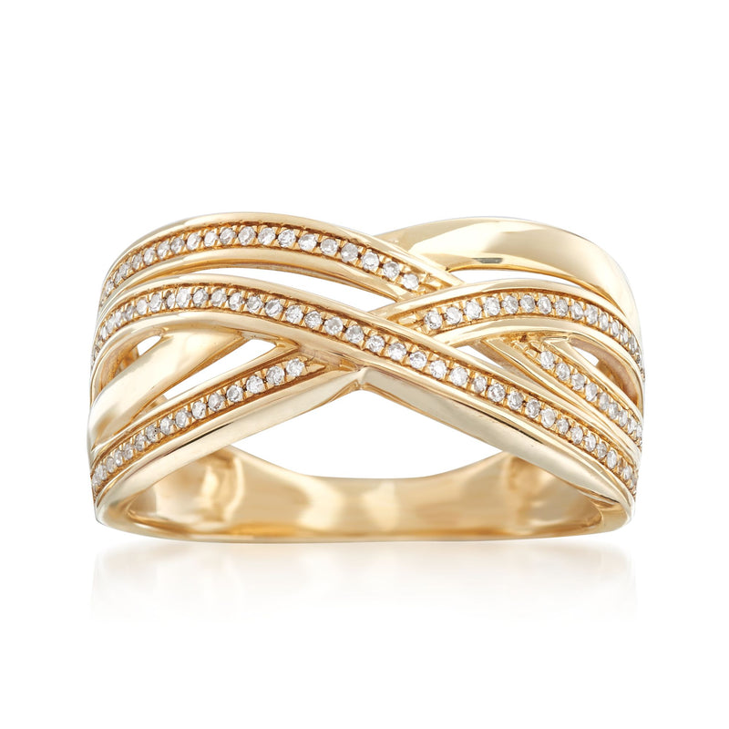 14kt yellow gold diamond highway ring with crisscross rows