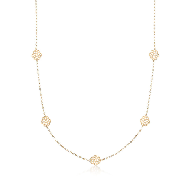 14kt yellow gold station necklace with small clover-like round links and dangling stations