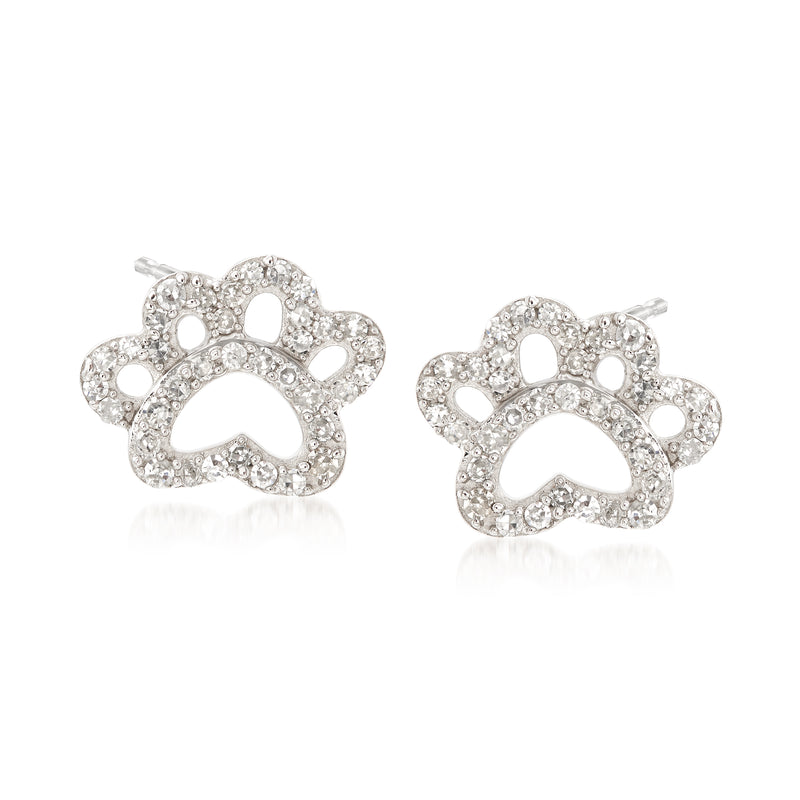 Diamond open paw print stud earrings in sterling silver