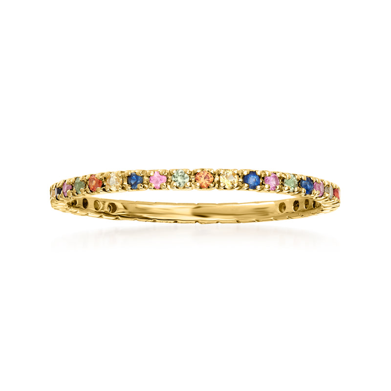 14kt yellow gold eternity band with multicolored sapphire gemstones in a row