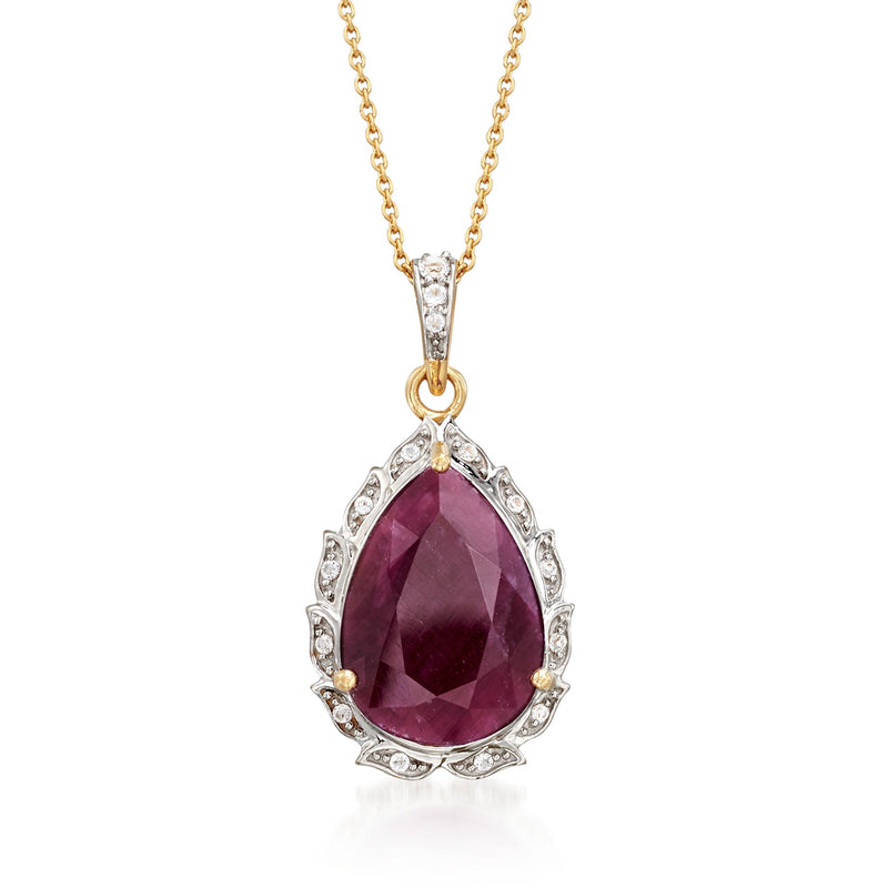 Pear-shaped ruby pendant necklace with white topaz halo, gold-tone chain and clasp
