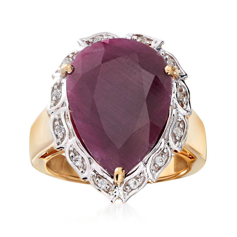 Pear-shaped ruby and white topaz ring, gold over sterling, prong-set with halo.