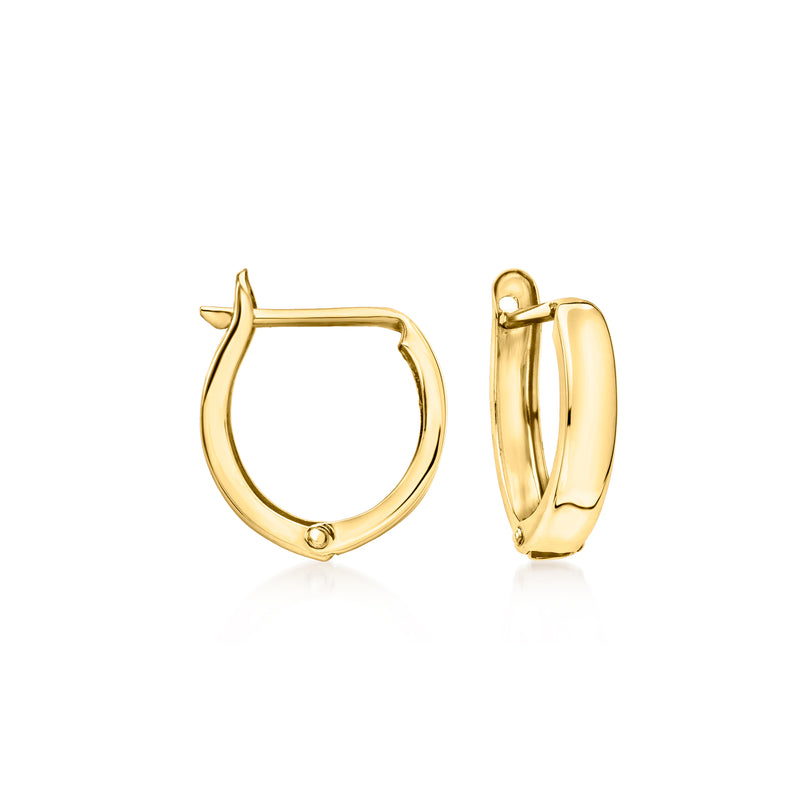 Huggie hoop earrings in 14kt yellow gold, hinged clasp, polished finish.