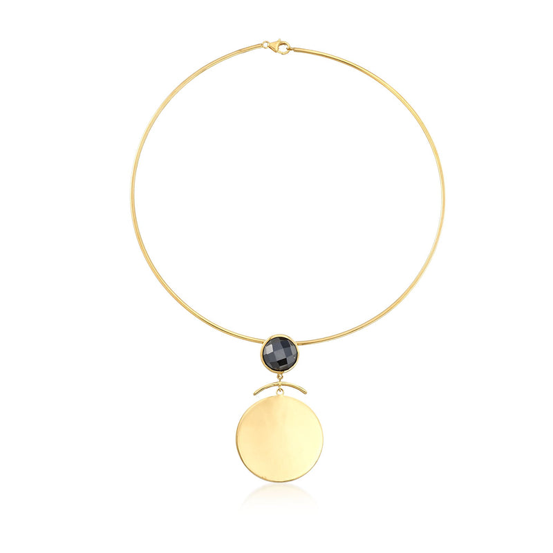 Gold-tone disc collar necklace with black onyx and round gold pendant, adjustable clasp