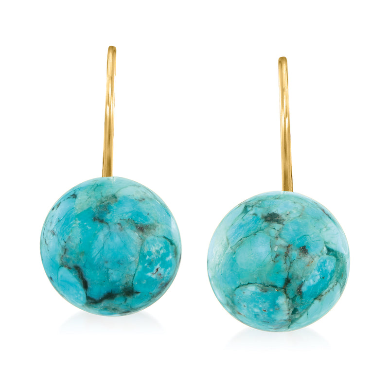 Turquoise button drop earrings in 14kt yellow gold with leverback closures