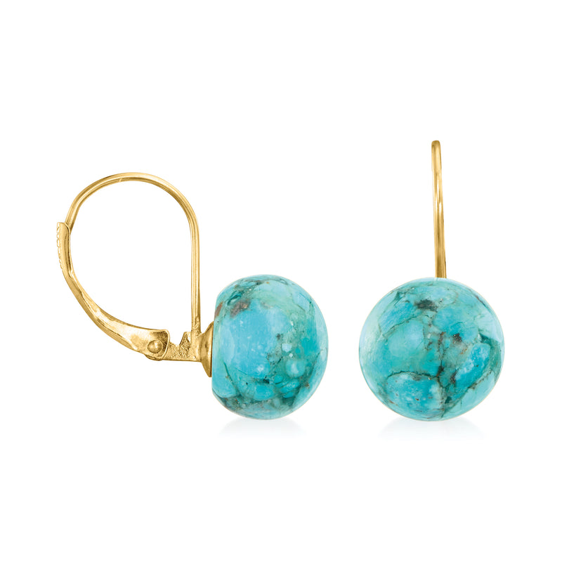 Turquoise button drop earrings, 14kt yellow gold leverback, round stones