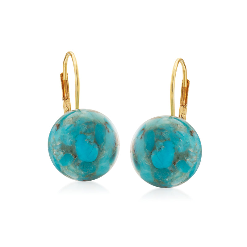Turquoise button drop earrings in 14kt yellow gold with hinge leverbacks